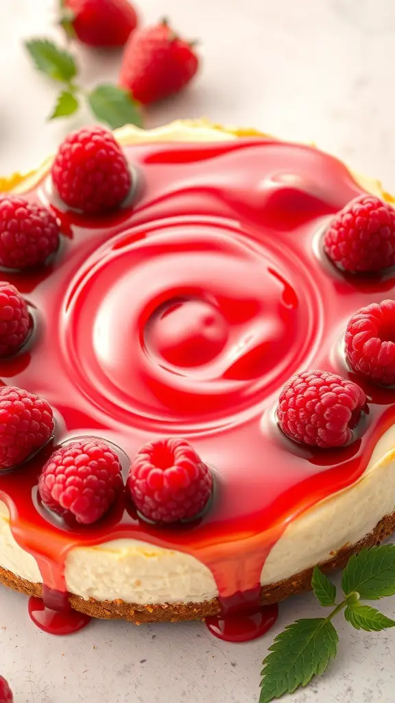 A raspberry cheesecake topped with a glossy raspberry sauce and fresh raspberries.