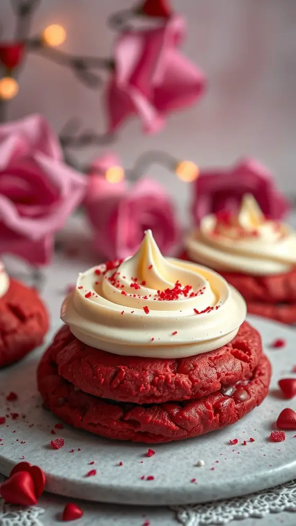 Red velvet cookies topped with cream cheese frosting and red sprinkles, surrounded by pink roses and heart decorations.