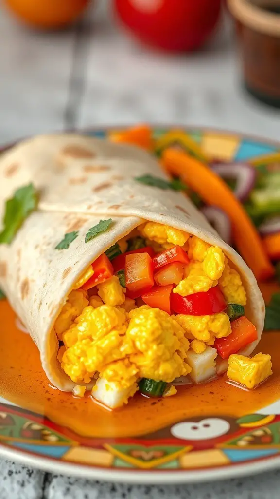 A breakfast burrito filled with scrambled eggs and colorful vegetables on a decorative plate.