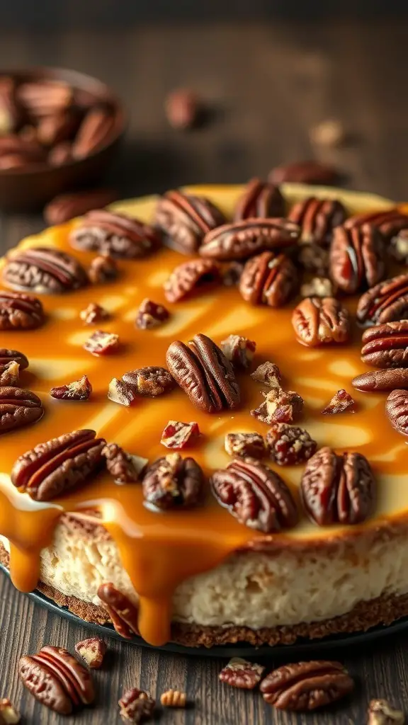 A delicious caramel pecan cheesecake topped with caramel sauce and pecans.