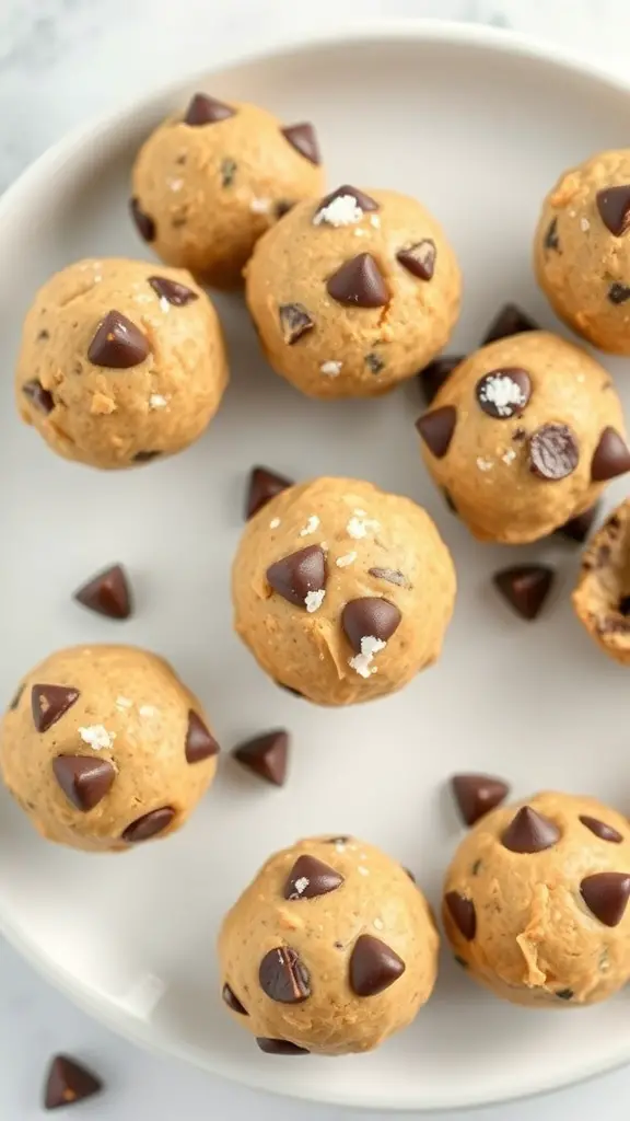 A plate of peanut butter chocolate chip protein balls with chocolate chips on top.