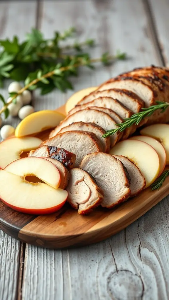 Sliced pork tenderloin served with apple slices on a wooden platter.