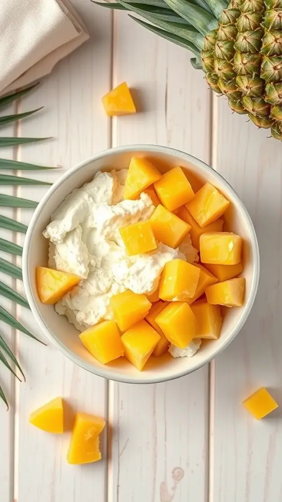 A bowl of cottage cheese topped with pineapple chunks, surrounded by pineapple slices and green leaves.
