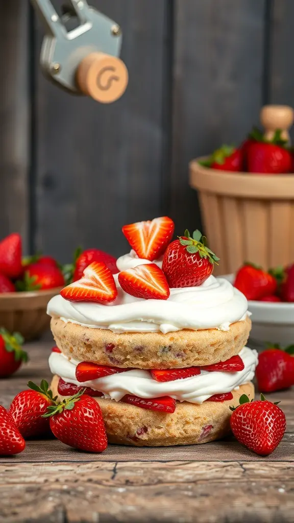 A layered strawberry shortcake poke cake topped with fresh strawberries and whipped cream.