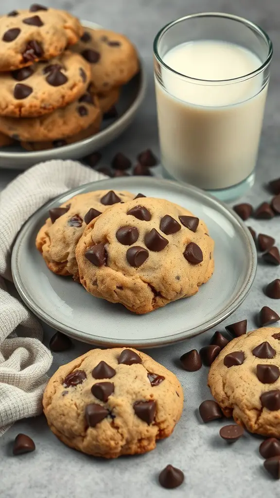 Chewy almond flour chocolate chip cookies on a plate with a glass of milk
