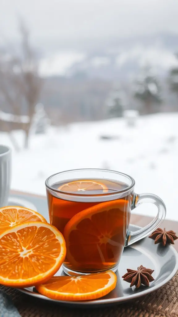 A cup of orange spice tea with orange slices and star anise on a snowy background.