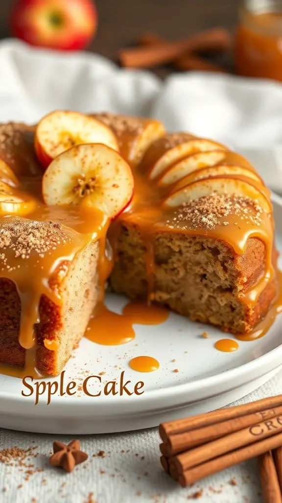 A delicious caramel apple spice cake with apple slices and caramel drizzle.