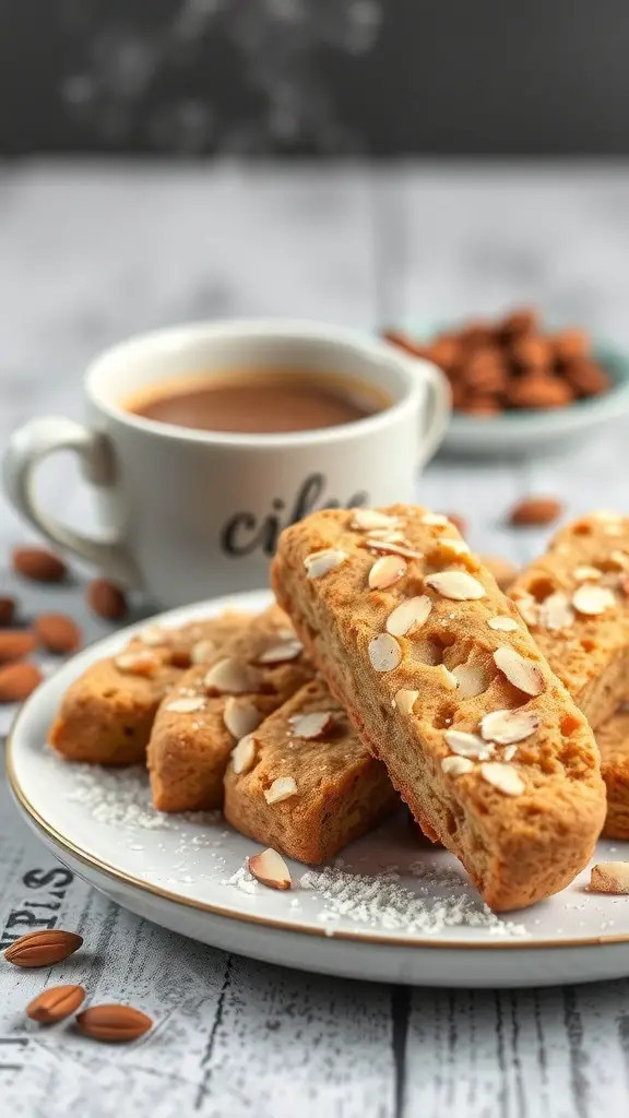 A plate of almond biscotti with a cup of coffee and almonds in the background