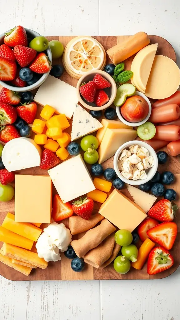 A colorful kids' charcuterie board with fruits, cheeses, and snacks.