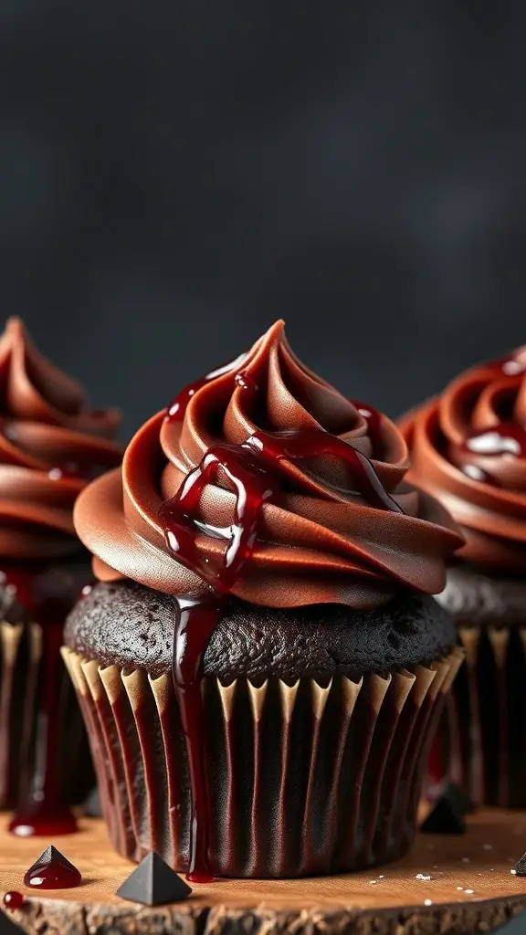 Close-up of red wine chocolate cupcakes with chocolate frosting and a drizzle of red wine reduction