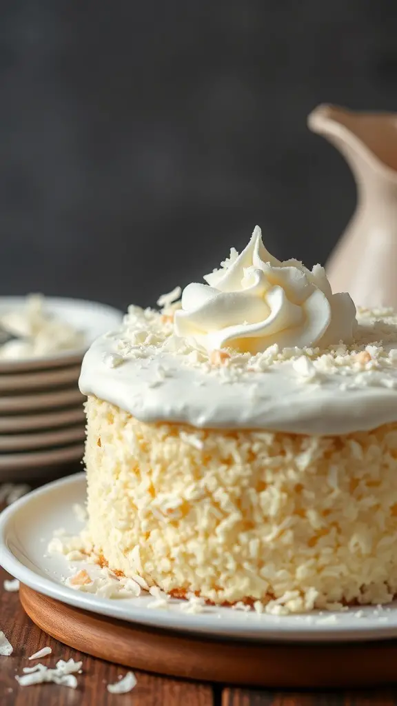 A Coconut Cream Cake topped with whipped cream and shredded coconut, displayed on a wooden plate.