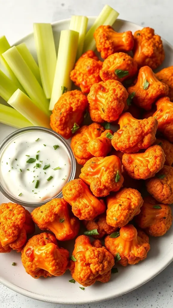 A plate of Buffalo Cauliflower Bites with celery sticks and a creamy dip