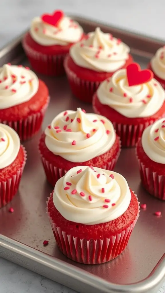 Red velvet cupcakes with cream cheese frosting and heart decorations