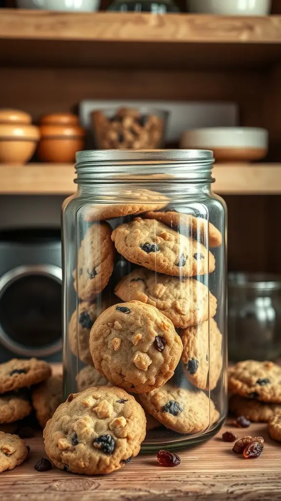 A jar filled with oatmeal raisin cookies on a wooden surface, with some cookies scattered around.