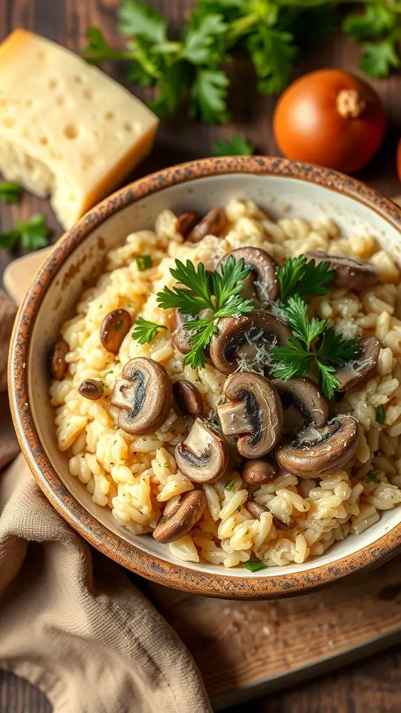 A bowl of creamy mushroom risotto topped with fresh mushrooms and parsley, with cheese and onions in the background.