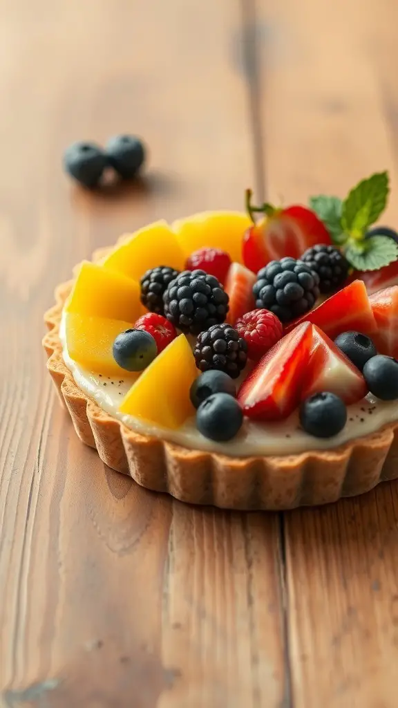 A colorful fruit tart with strawberries, blueberries, blackberries, and mango on a wooden table.