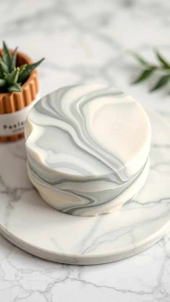 A marble effect bento cake on a marble plate with a small plant in the background.