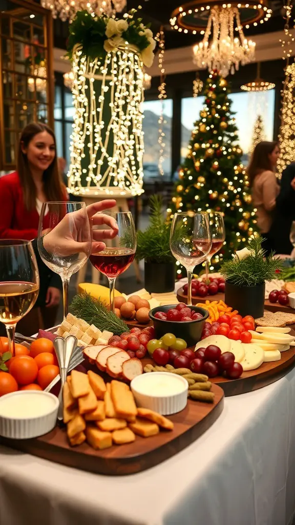 A beautifully arranged charcuterie board with various cheeses, meats, fruits, and dips, set in a festive atmosphere with holiday decorations.