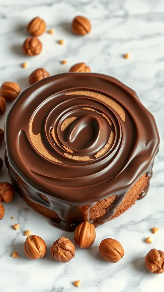 Chocolate Hazelnut Swirl Bento Cake with hazelnuts around it
