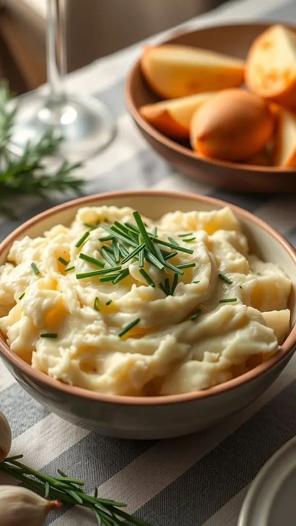 A bowl of creamy garlic mashed potatoes topped with chives, with garlic and herbs in the foreground.