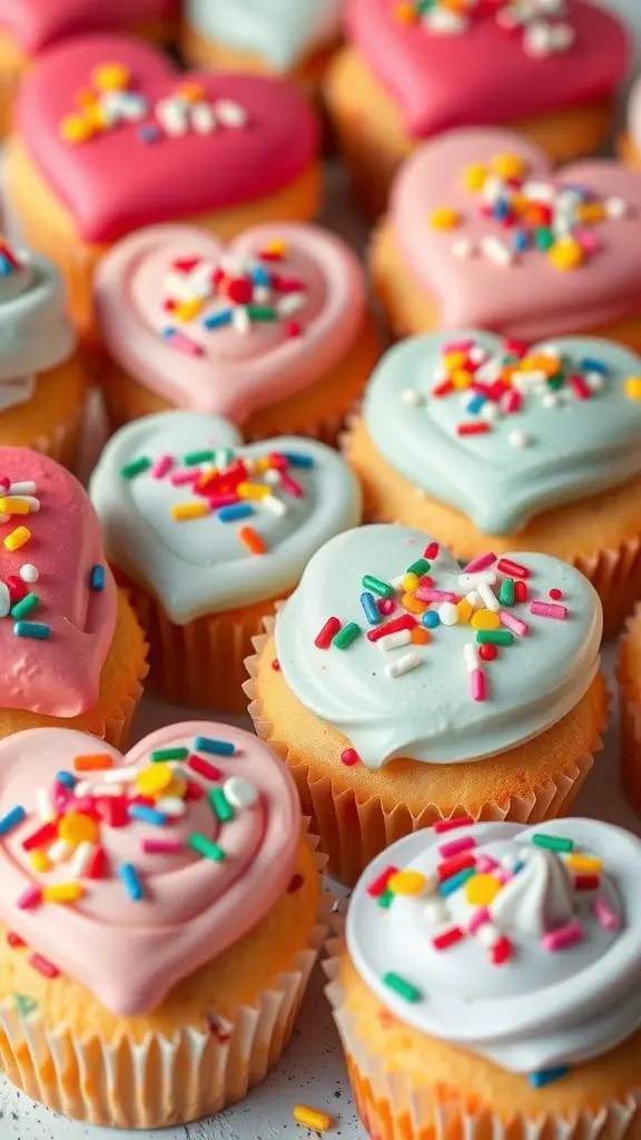 A variety of heart-shaped funfetti cupcakes with colorful frosting and sprinkles.