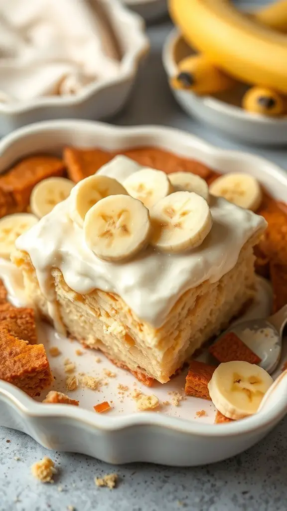 A slice of Banana Pudding Poke Cake topped with banana slices, served on a plate with crumbs around it.