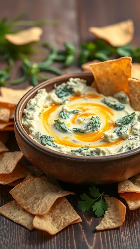 A bowl of Spinach and Artichoke Dip with chips around it