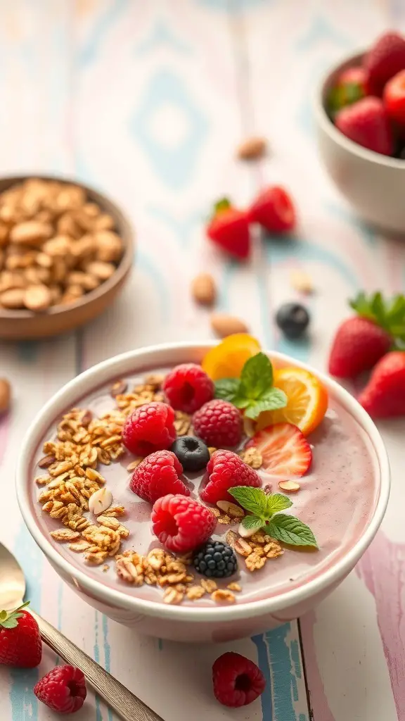 A colorful raspberry and almond smoothie bowl topped with fresh fruits and granola.