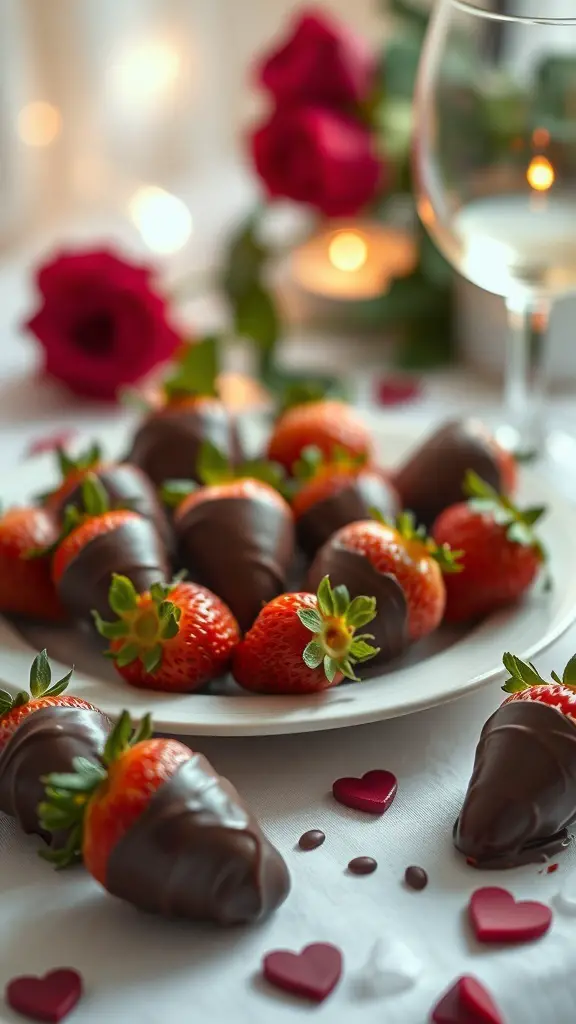 A plate of chocolate-dipped strawberries surrounded by roses and a glass of wine.