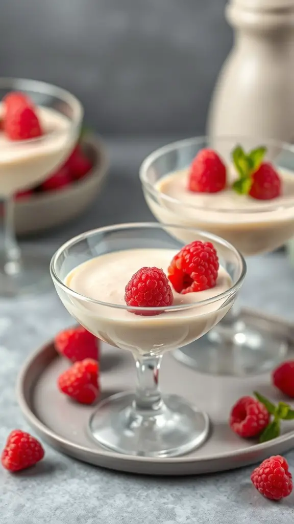 Three cups of raspberry white chocolate mousse topped with fresh raspberries and mint leaves.