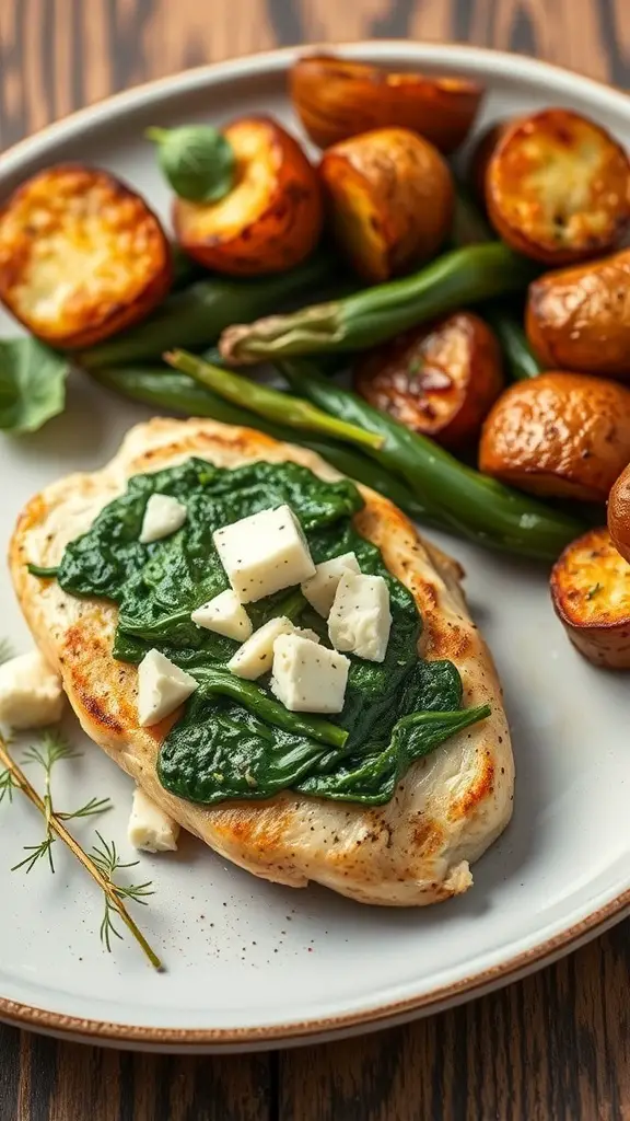 A plate featuring spinach and feta stuffed chicken breast, with roasted potatoes and green beans.
