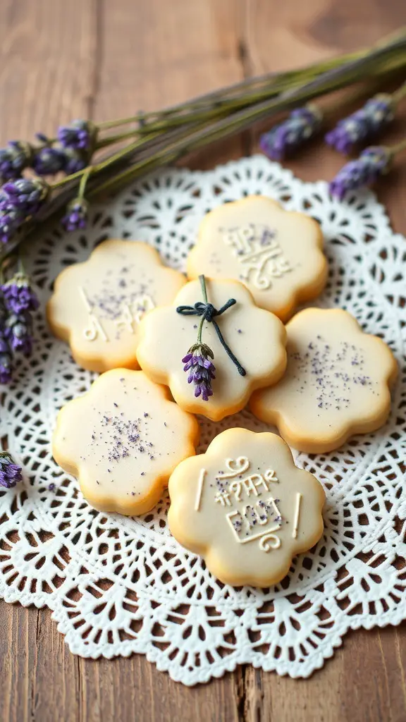 Lavender sugar cookies arranged on a lace doily with lavender sprigs