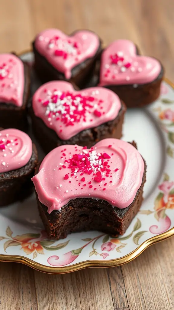 Heart-shaped brownies topped with pink frosting and sprinkles on a floral plate.