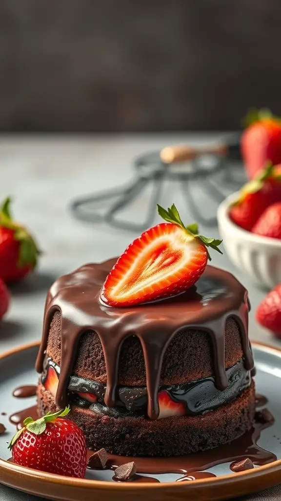A chocolate strawberry poke cake topped with a fresh strawberry and chocolate ganache, surrounded by fresh strawberries.