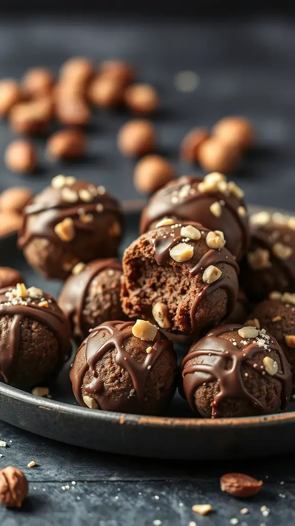 A plate of chocolate hazelnut protein balls with a bite taken out of one, topped with chopped hazelnuts.