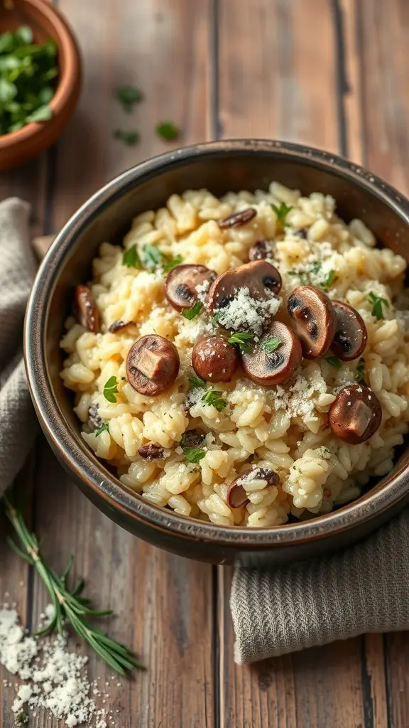 A bowl of creamy mushroom risotto topped with sautéed mushrooms and herbs.
