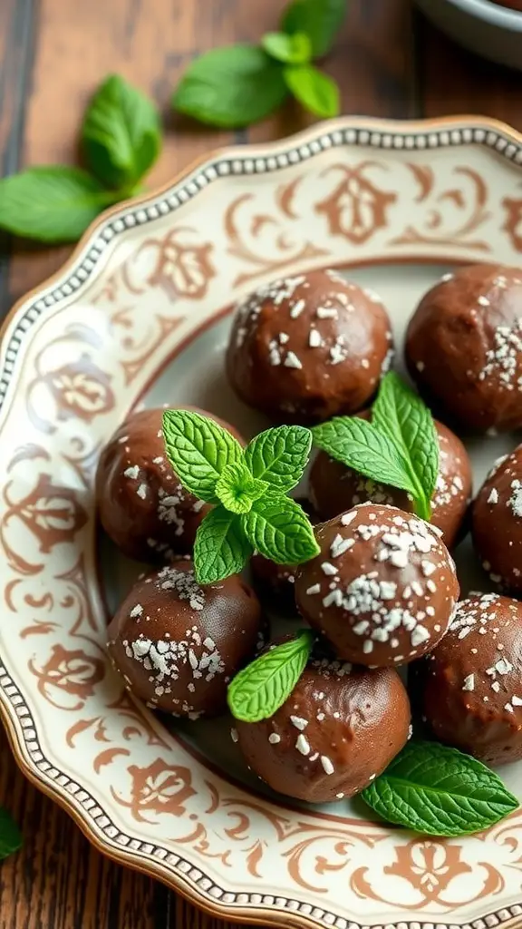 A plate of chocolate mint protein balls garnished with fresh mint leaves.