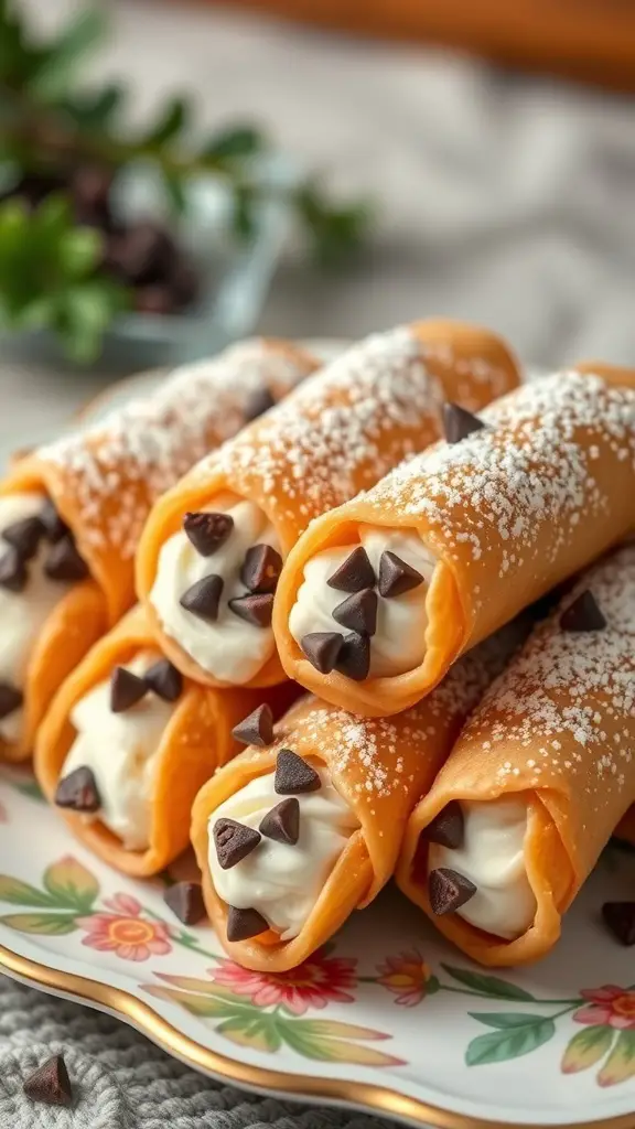 A plate of classic cannoli filled with ricotta and topped with chocolate chips.