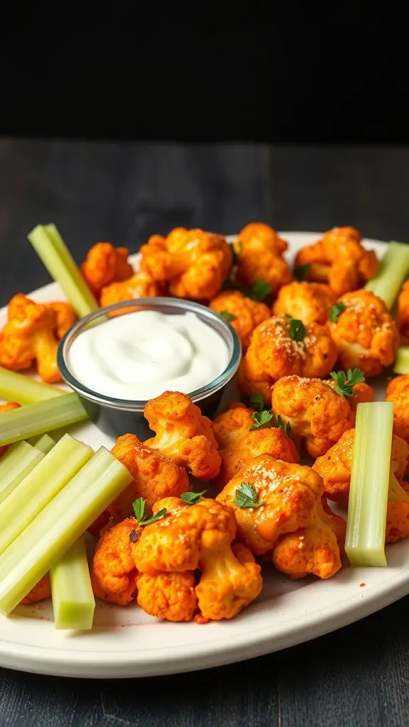 A plate of buffalo cauliflower bites with celery sticks and ranch dressing.
