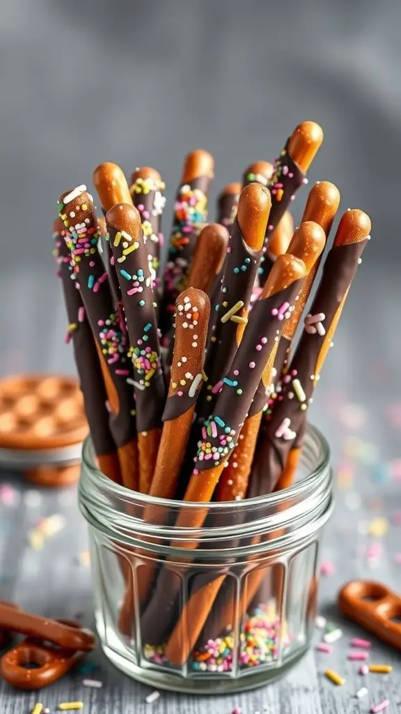 A jar filled with chocolate dipped pretzel rods decorated with colorful sprinkles.