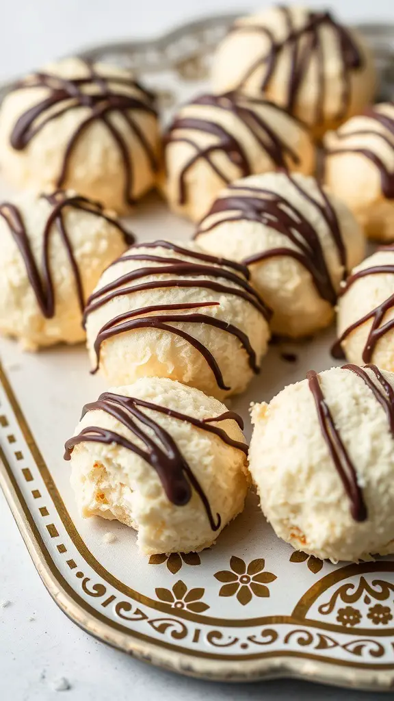 Coconut macaroons drizzled with dark chocolate on a decorative plate