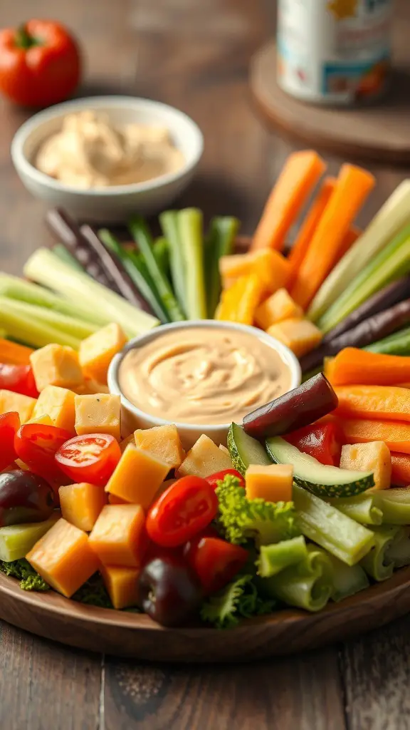 A colorful cheesy veggie platter with various fresh vegetables and a creamy dip in the center.
