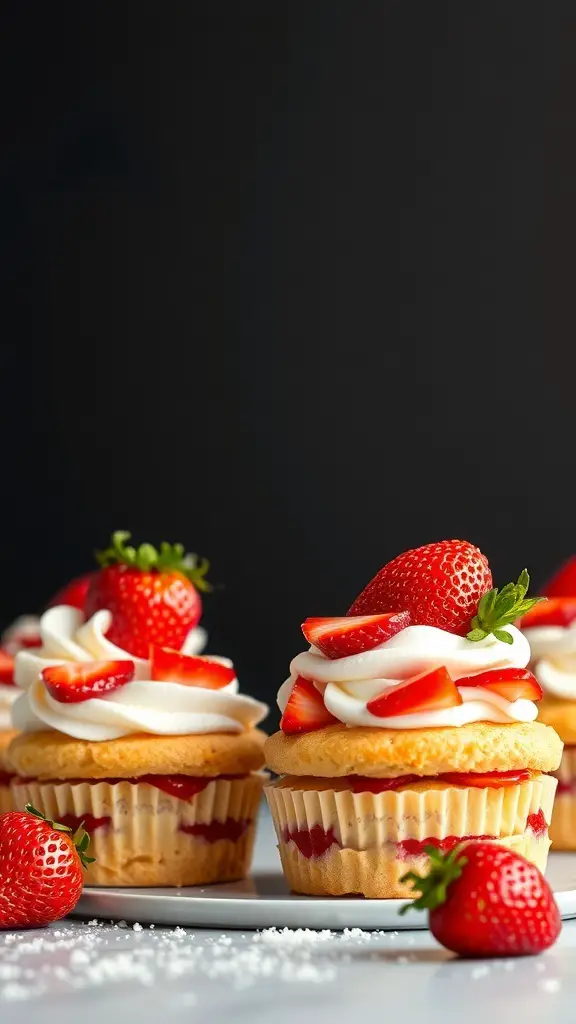 Delicious strawberry shortcake cupcakes topped with fresh strawberries and whipped cream