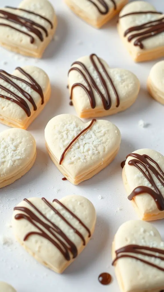 Heart-shaped coconut macaroon sugar cookies drizzled with chocolate