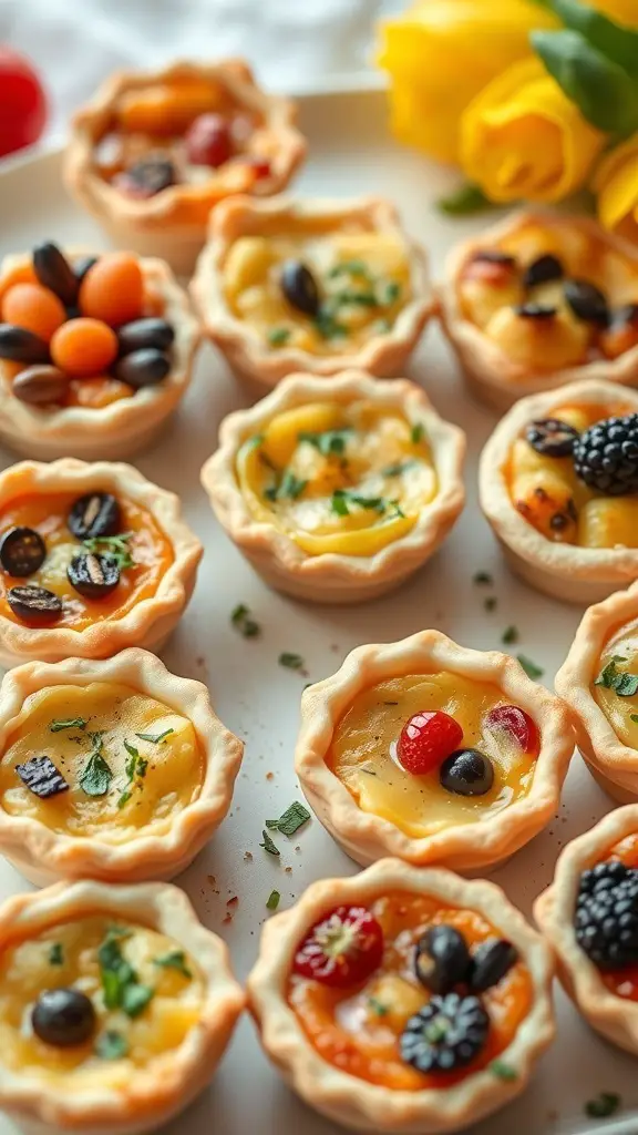 Colorful mini quiches with various toppings on a platter
