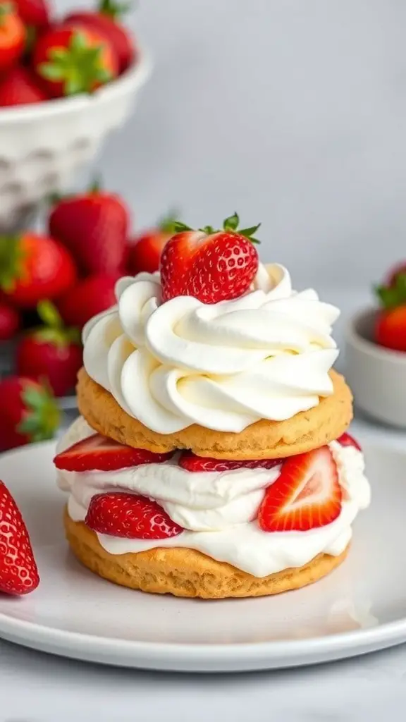 A delicious strawberry shortcake with layers of whipped cream and fresh strawberries.
