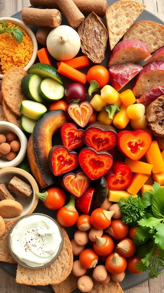 A colorful charcuterie board featuring heart-shaped vegetables and various snacks.