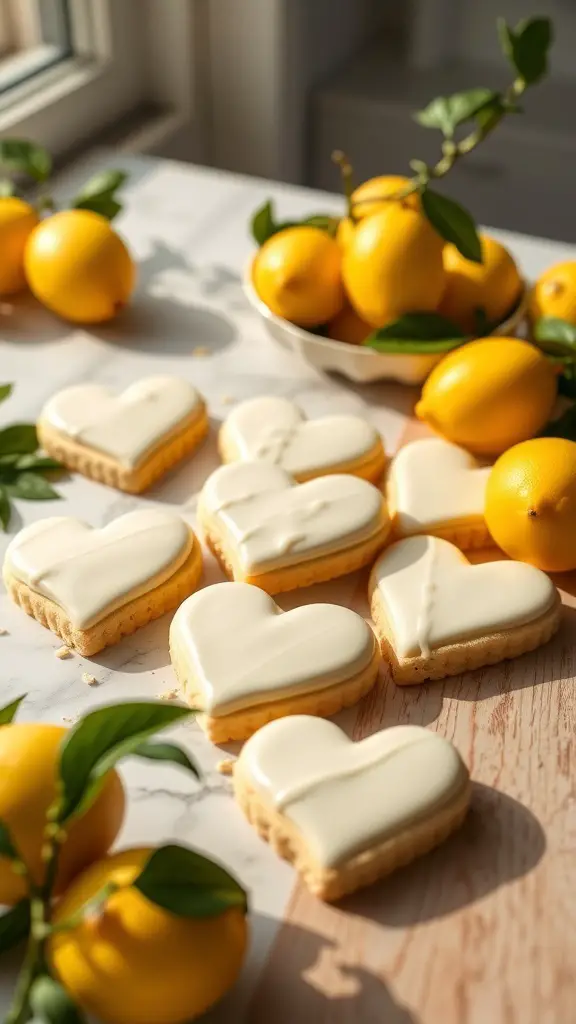 Heart-shaped lemon glazed cookies with fresh lemons in the background