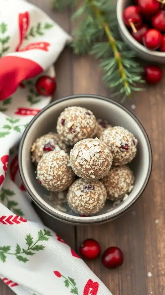 A bowl of cranberry almond energy bites surrounded by festive decorations.