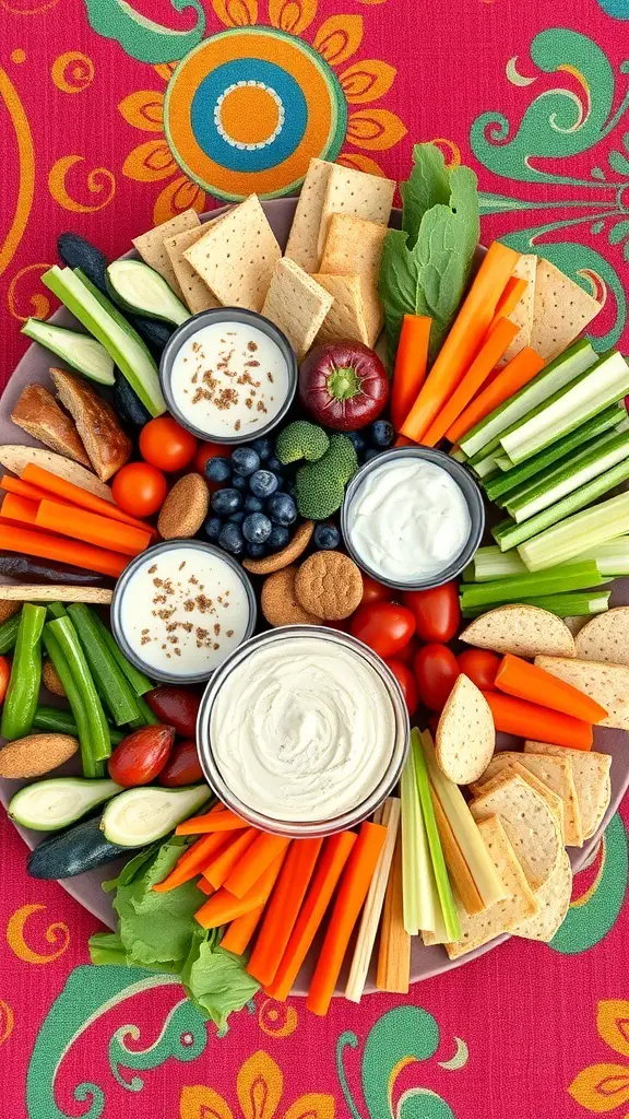 A colorful vegetarian grazing platter featuring a variety of fresh vegetables, crackers, and dips on a vibrant tablecloth.